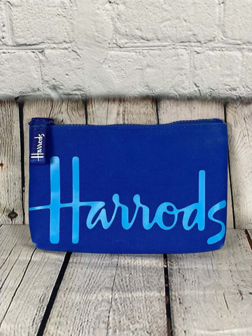Harrods Blue Canvas Logo Zippered Cosmetic Pouch